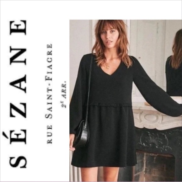 Sezane black Mini Dress long sleeves elastic cuffs V Neck 36 - Picture 1 of 11